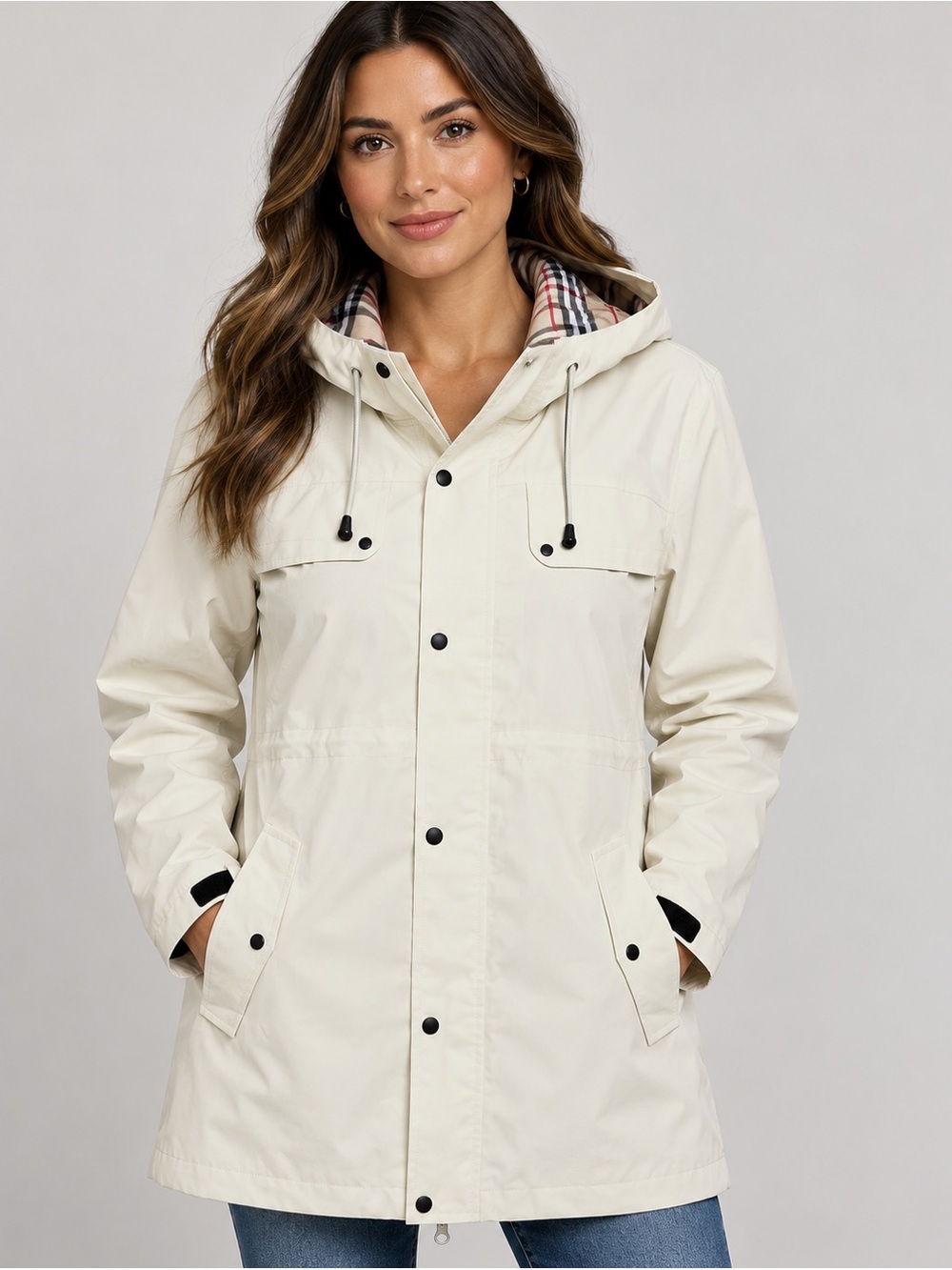 PITINAN Women’s Hooded Waterproof Rain Jacket Plaid Lined off White Coat medium‎